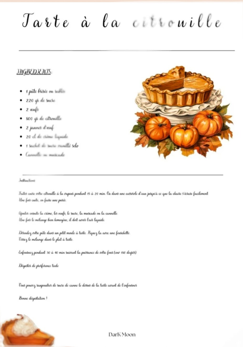 Fiche recette Tarte à la Citrouille