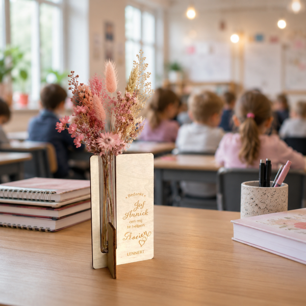 Vaasje met droogbloemen voor Juf en Meester