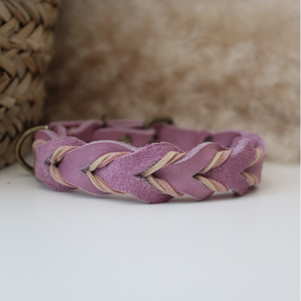 Oud Roze Vetleer Halsband | Robuuste vlecht Luxe