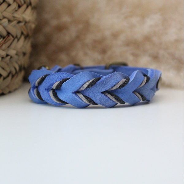 Blauw Vetleer Halsband | Robuuste vlecht luxe