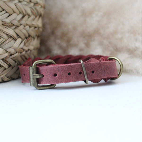 Bordeaux Nubuck leer Halsband | Robuuste vlecht