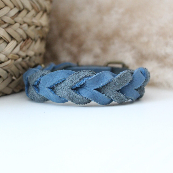 Oud blauw Nubuck leer Halsband | Robuuste vlecht