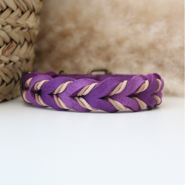 Paars Vetleer Halsband | Robuuste vlecht Luxe
