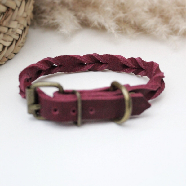 Bordeaux Vetleer Halsband | Subtiele vlecht