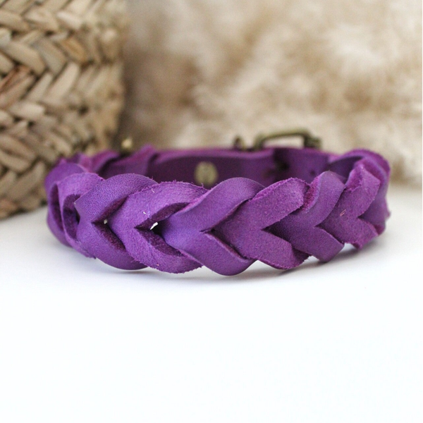 Paars Vetleer Halsband | Robuuste vlecht Luxe