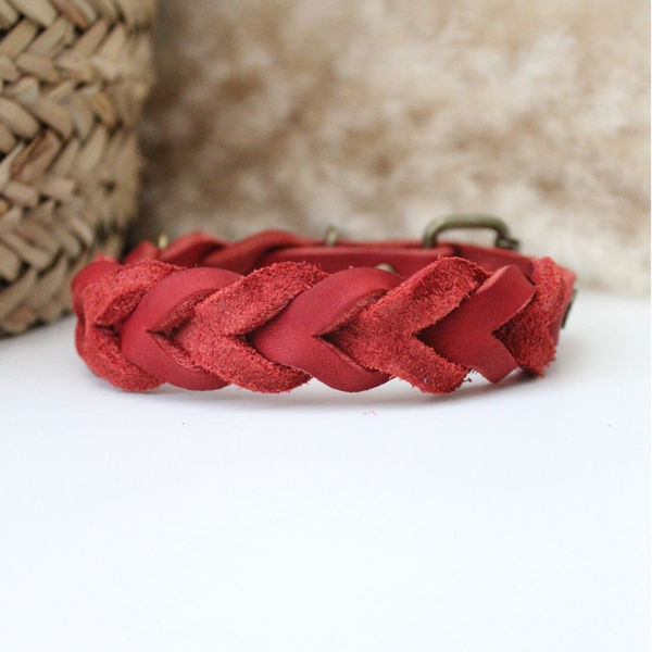 Rood Vetleer Halsband | Robuuste vlecht