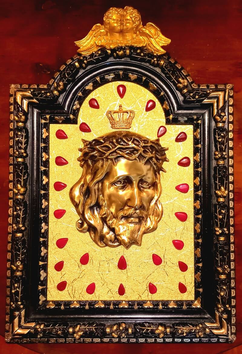 SCULPTURE. CHRIST EN BRONSE DORE   VERITABLE RUBIS LARMES-CADRE 18 -ème.    Réf- 236