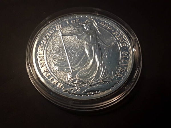 2016 1oz Silver Britannia 999 fine silver coin and capsule.