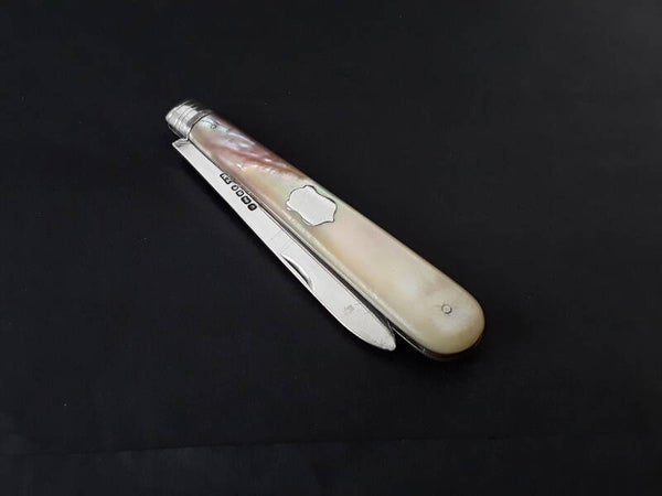 Antique Victorian solid silver & mother of pearl folding pocket pen/fruit knife circa 1864.