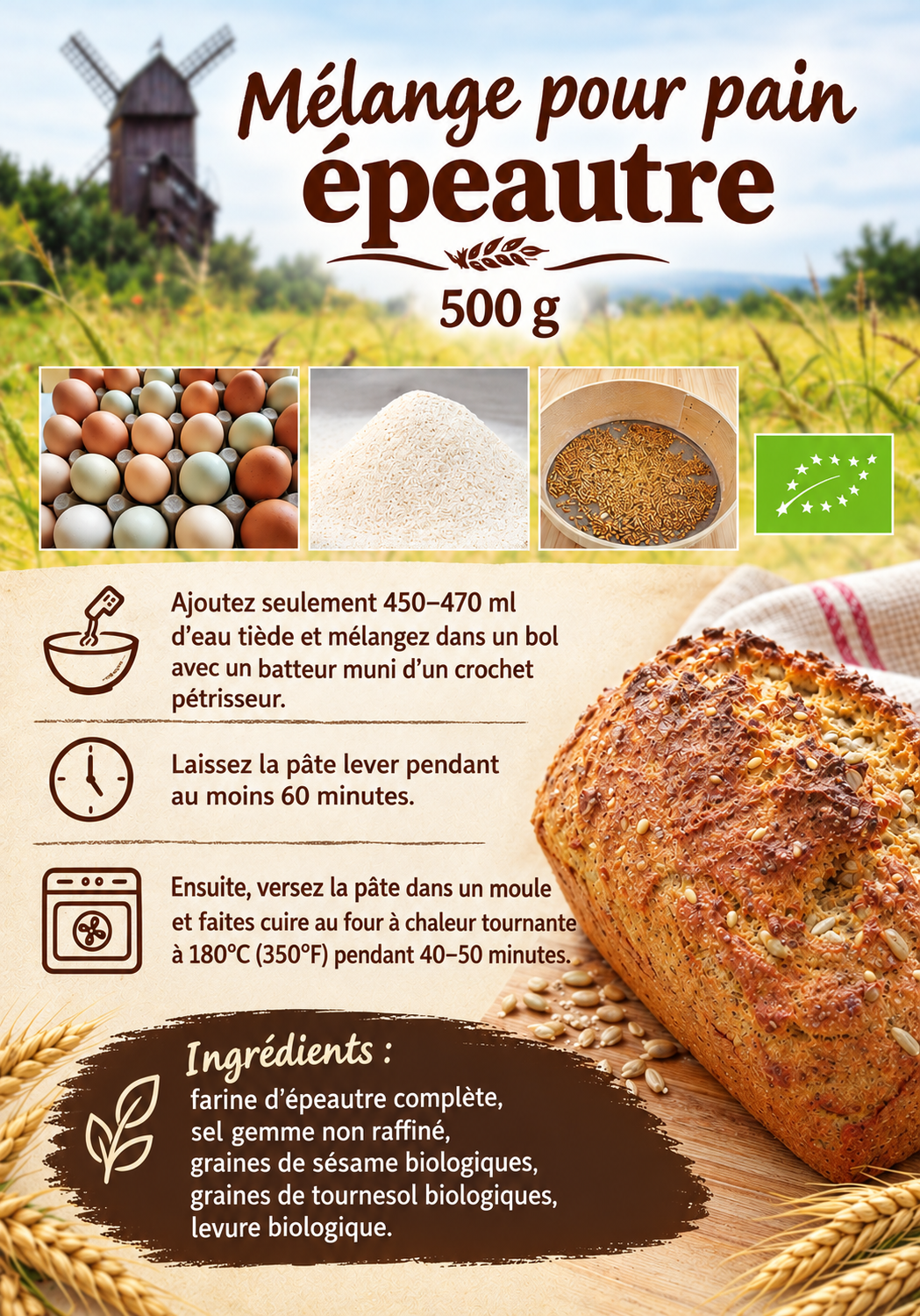 Mélange à pain d'épeautre 500g - Dinkelbrotmischung 500 g - Mieszanka do chleba orkiszowego 500g