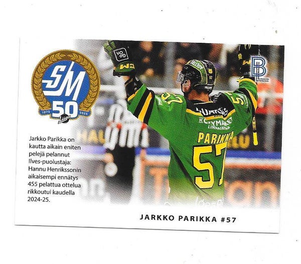 2024-25 Finnish Blueline Teamissued Matchcard #Ilves 1of6 Jarkko Parikka , Kingston Frontenacs