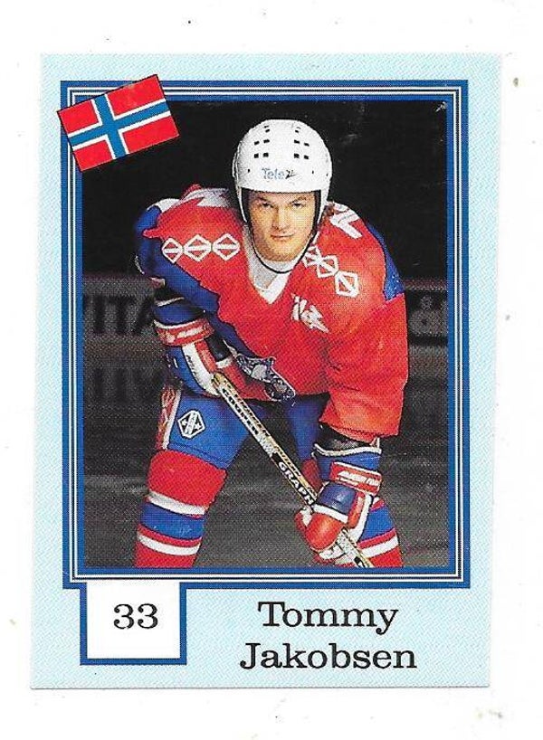 1992 Finnish Semic WC Ice Hockey Sticker #33 Tommy Jakobsen , Norway & Lørenskog