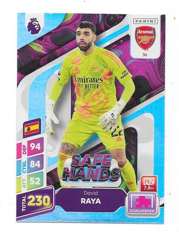 2024-25 Panini Adrenalyn Premier League football card Safe Hands Purple Paraller #36  David Raya , Arsenal