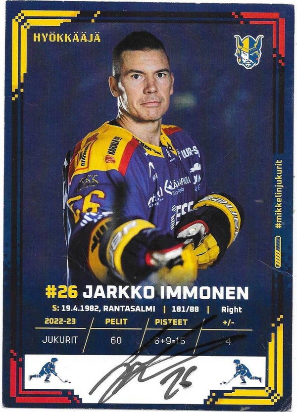 2023-24 Finnish Jukurit Mikkeli Teamissued autographed card #26 Jarkko Immonen