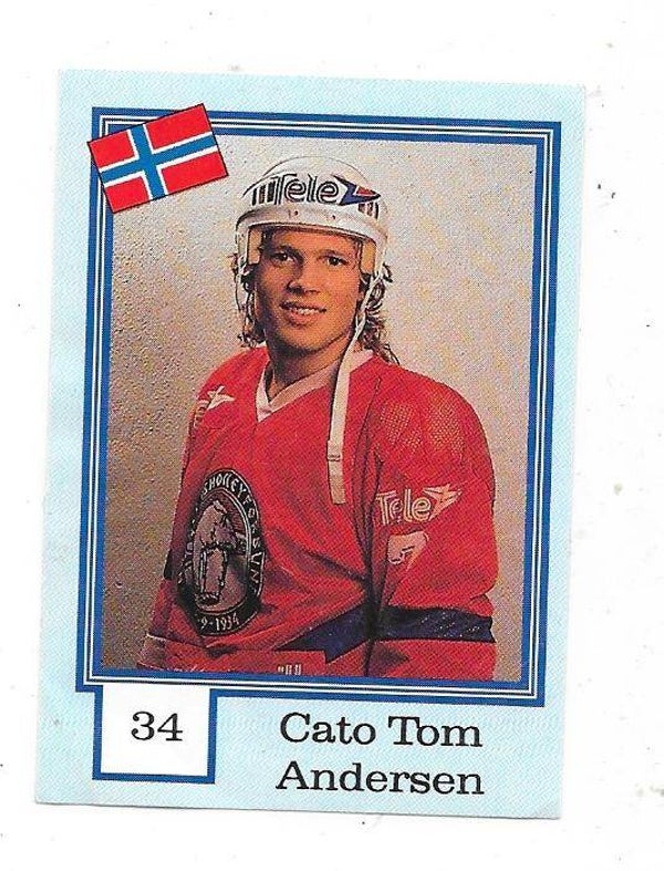 1992 Finnish Semic WC Ice Hockey Sticker #34 Cato Tom Andersen , Norway & Vålerenga