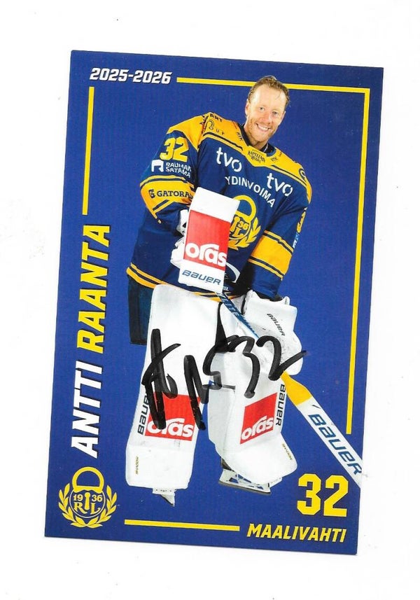 2025-26 Finnish Rauma Lukko Teamissued Ice Hockey Card #32 Antti Raanta , ex Carolina Hurricanes