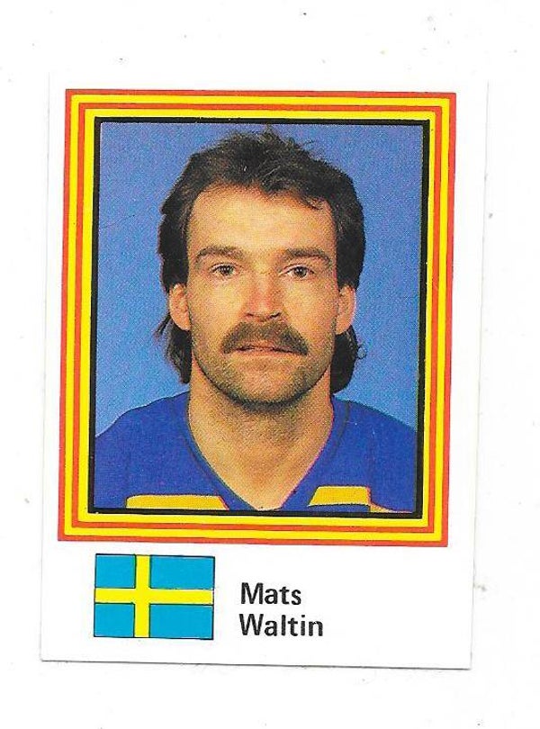 1983 Swedish Semic WC Ice Hockey Sticker #6 Mats Waltin , Sweden & Lugano