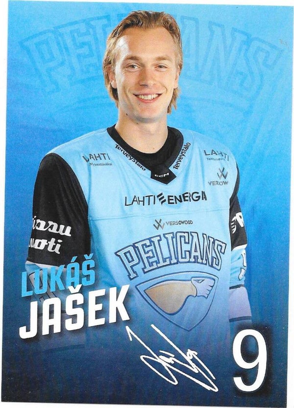 2022-23 Finnish PelicansTeamissued #9 Lukas Jasek  Ocelari Trinec
