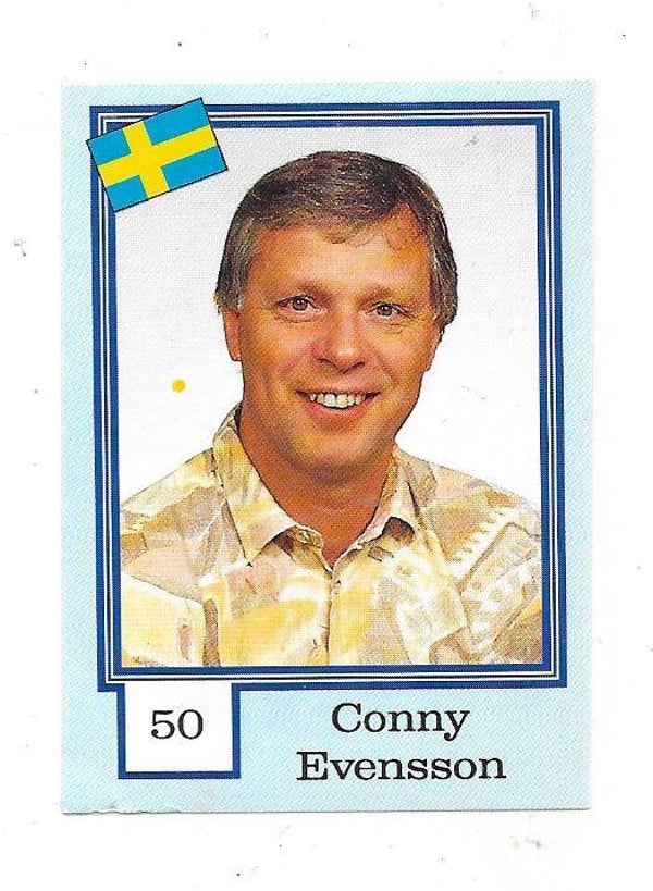 1992 Finnish Semic WC Ice Hockey Sticker #50 Conny Evensson , Sweden & Färjestad BK