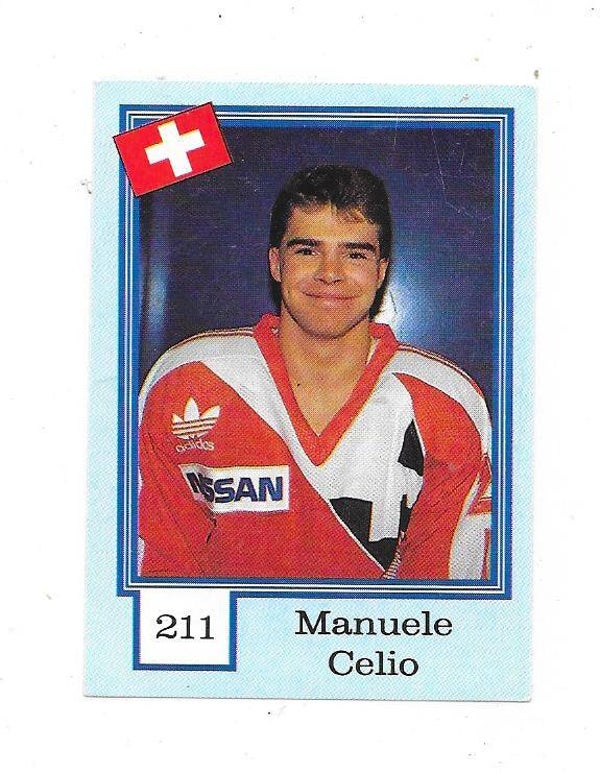 1992 Finnish Semic WC Ice Hockey Sticker #211 Manuele Celio , Switzerland & HC Ambrì-Piotta