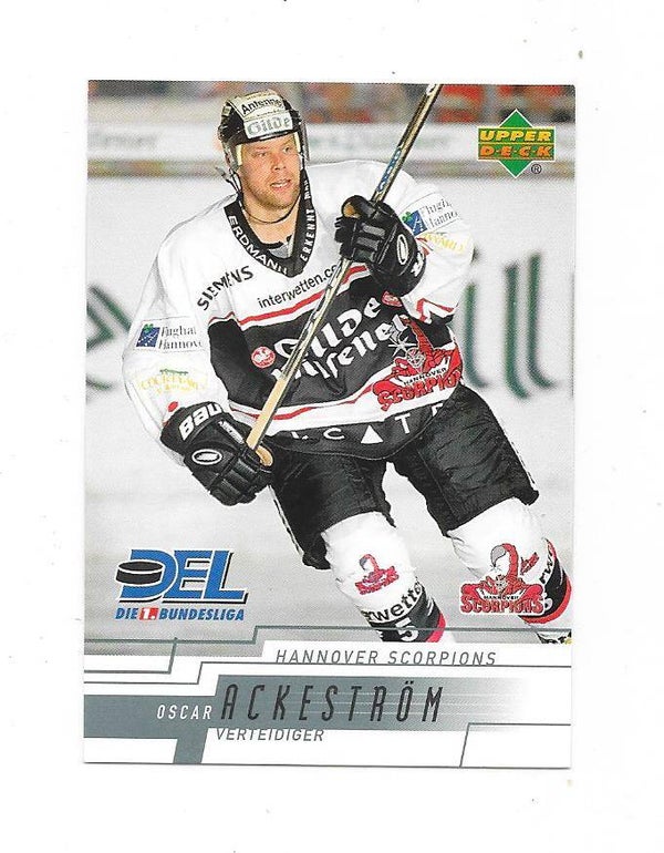 2000-01 German Del Upper Deck Ice Hockey card #89 Oscar Ackeström , Hannover Scorpions , Västra Frölunda HC