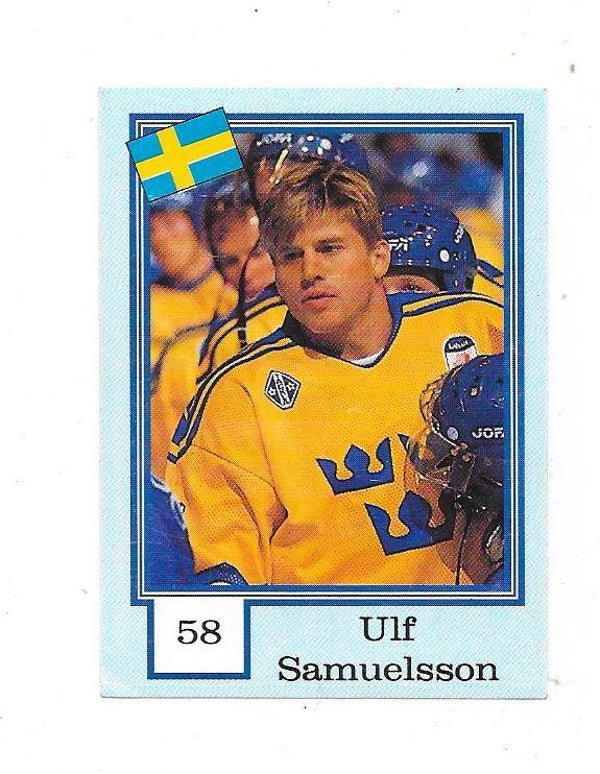1992 Finnish Semic WC Ice Hockey Sticker #58 Ulf Samuelsson , Sweden