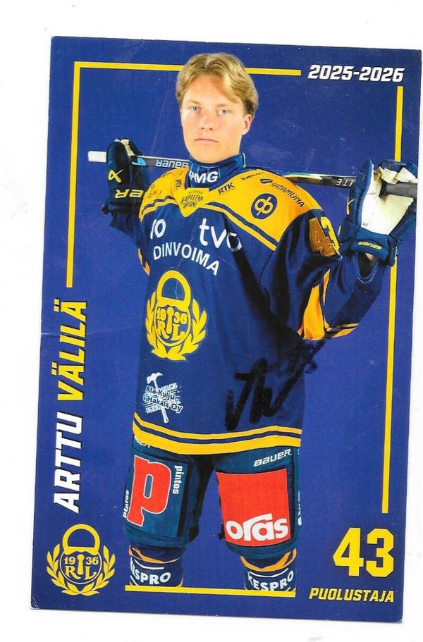 2025-26 Finnish Rauman Lukko TeamIssued Autographed Card #43 Arttu Välilä