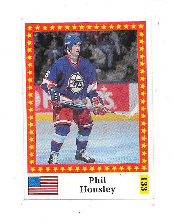 1991 Finnish Semic WC Ice Hockey Sticker Marabou back #133 Phil Housley , Winnipeg Jets