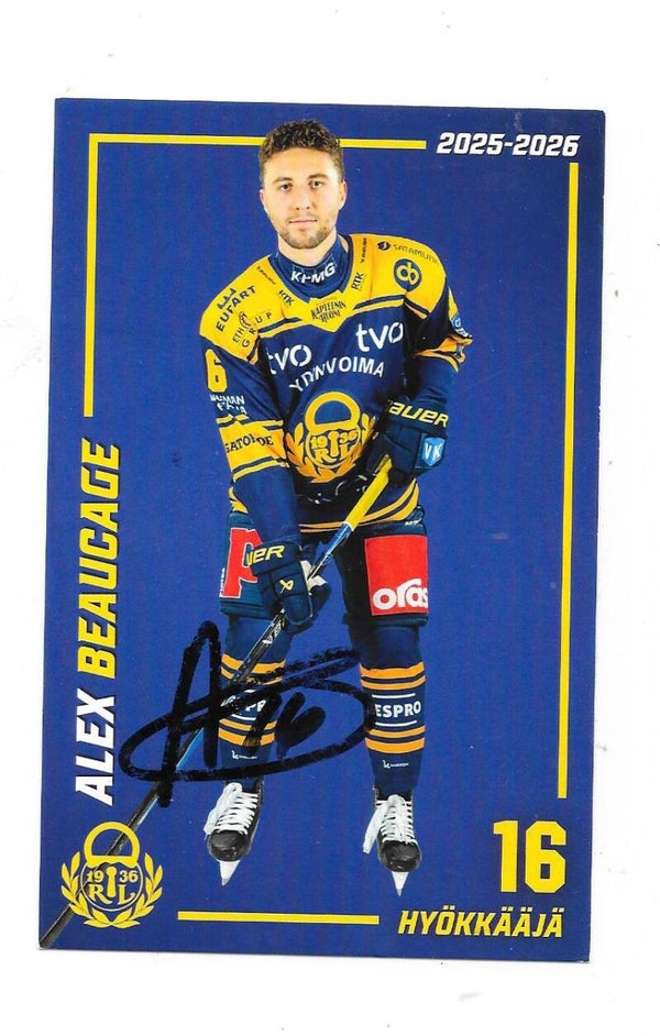 2025-26 Finnish Rauman Lukko Autographed Teamissued Card #16 Alex Beaucage