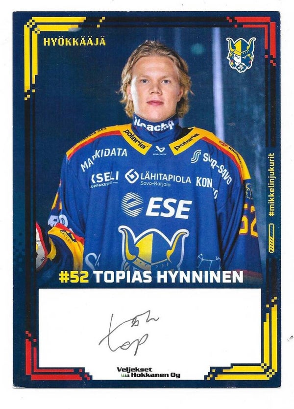 2022-23 Finnish Mikkelin Jukurit Teamissued #52 Topias Hynninen