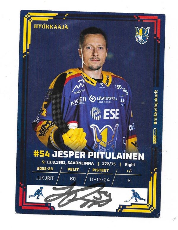 2023-24 Finnish Jukurit Mikkeli Autographed Teamissued Card #54 Jesper Piitulainen