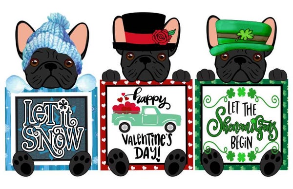 6" French Bulldog Black Jan, Feb and March Signs-Boy (Set of 3)