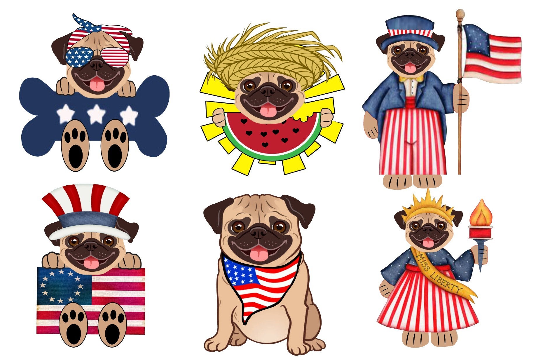 Pug Fawn 4th of July - {Set of 6}
