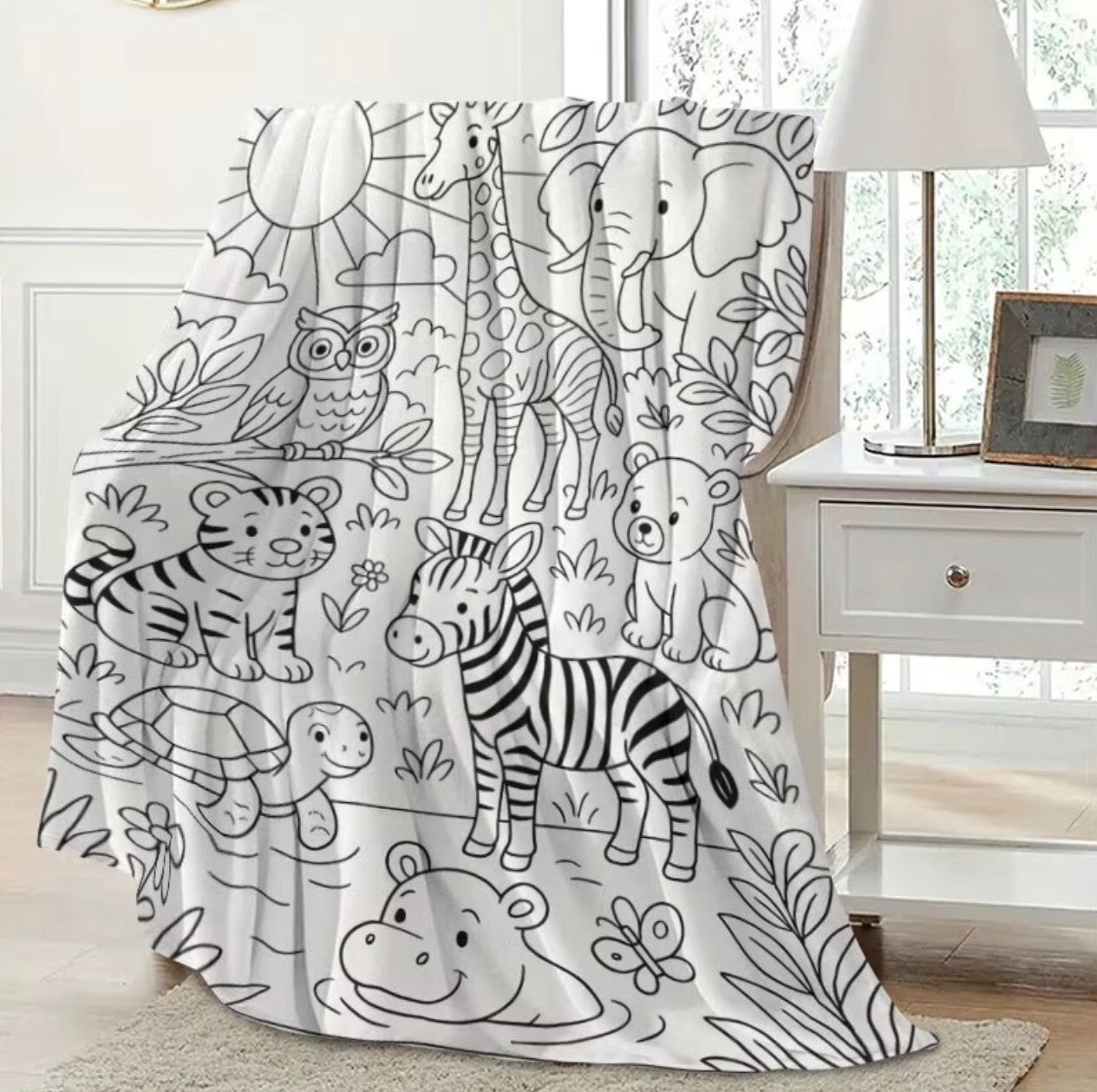 XXL Kleurdeken Jungle Dieren – Fleece deken om zelf in te kleuren - DIY fleece deken jungle -  met textielstiften🦁🐒🌿