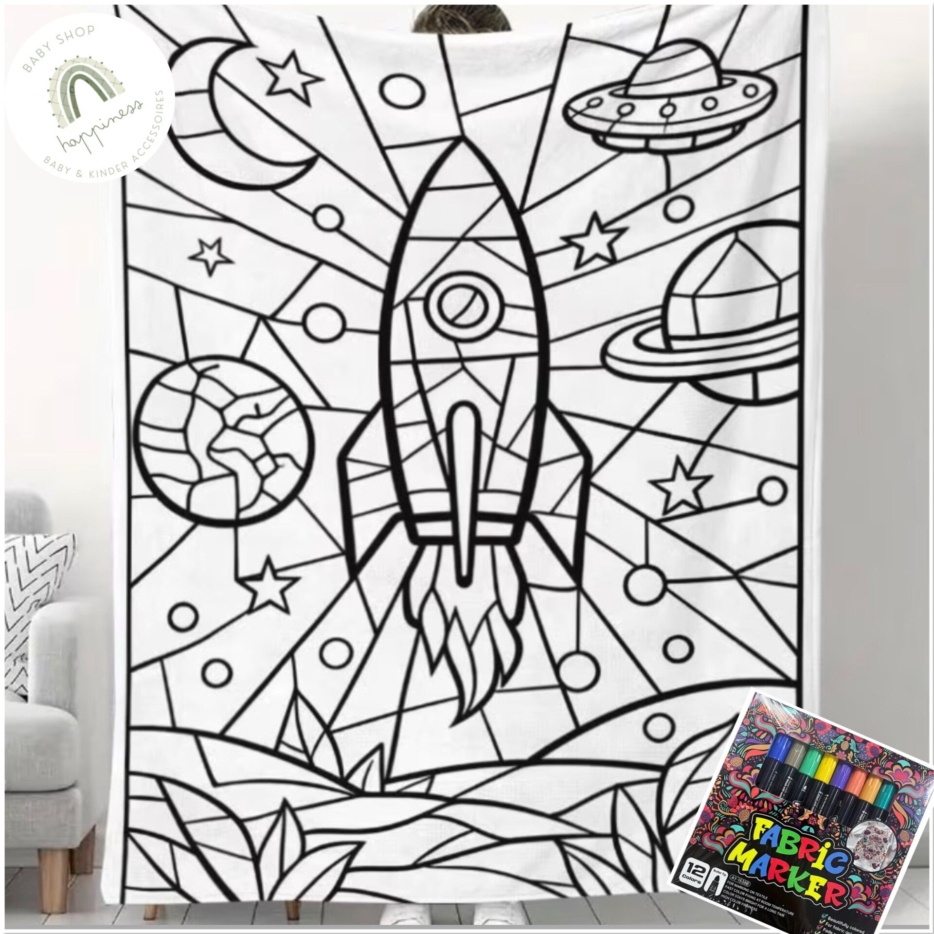 XXL Kleurdeken space raket– Fleece deken raken - DIY - Deken om zelf in te kleuren
