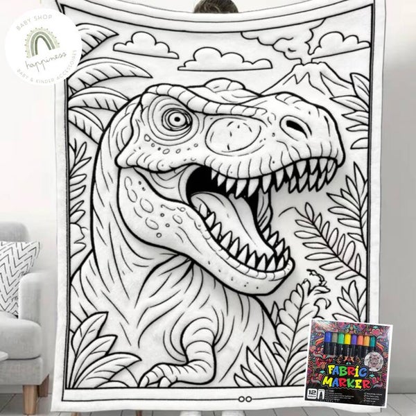 XXL kleurdeken Dino - Fleece deken om in te kleuren - DIY fleece deken - Dino