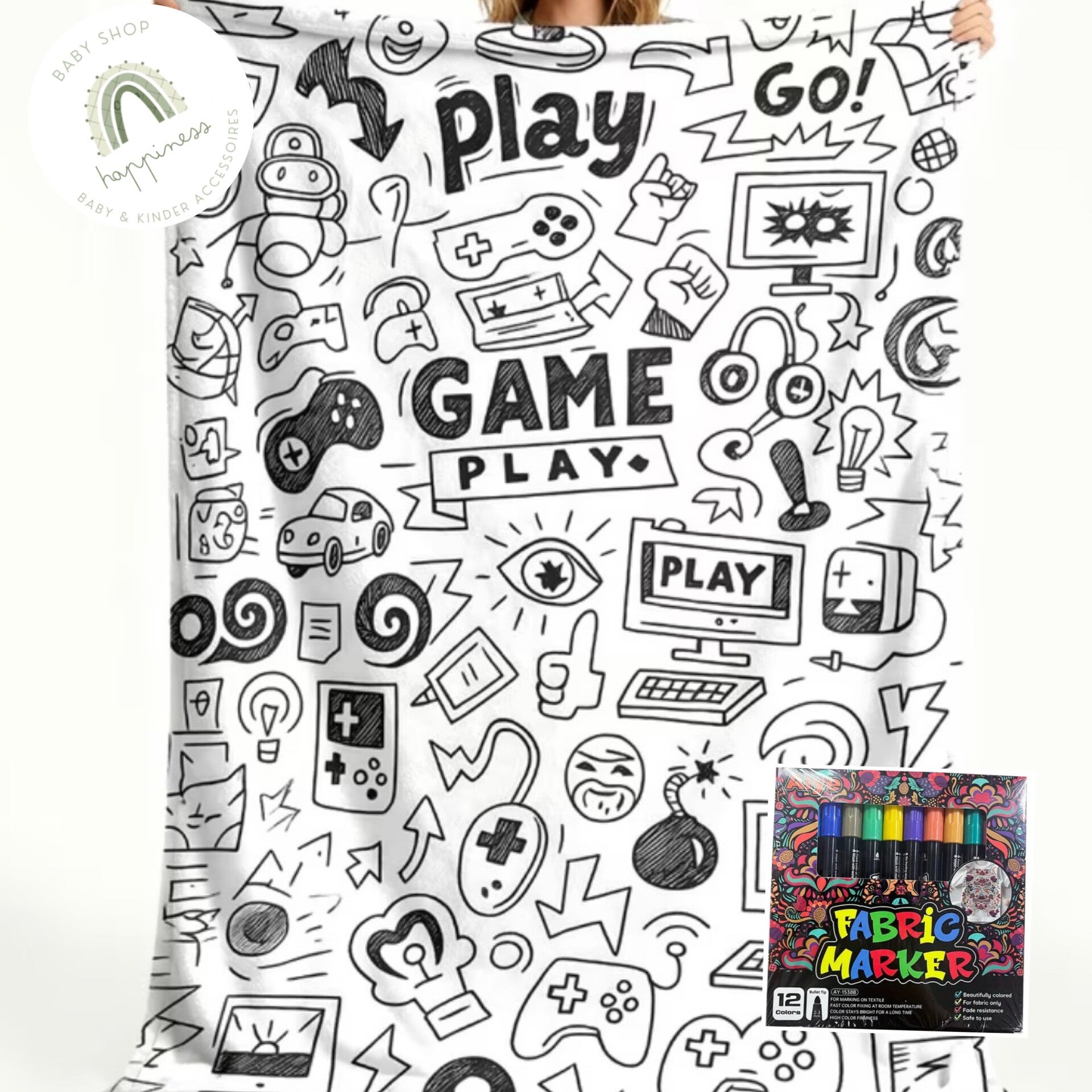 XXL Kleurdeken Gamen – Fleece deken DIY - Fleece deken om zelf in te kleuren - met stiften - Thema gamen -  Voor echte gamehelden! 🎮✨