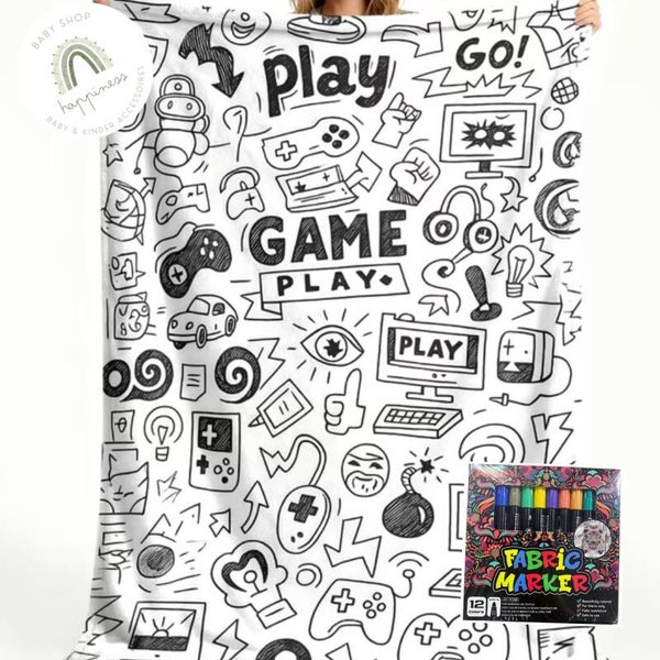 XXL Kleurdeken Gamen – Fleece deken DIY - Fleece deken om zelf in te kleuren - met stiften - Thema gamen -  Voor echte gamehelden! 🎮✨