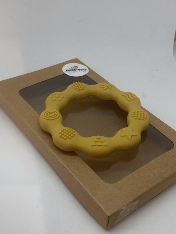 Silicone bijtring 2 in 1 - rond model mosterd