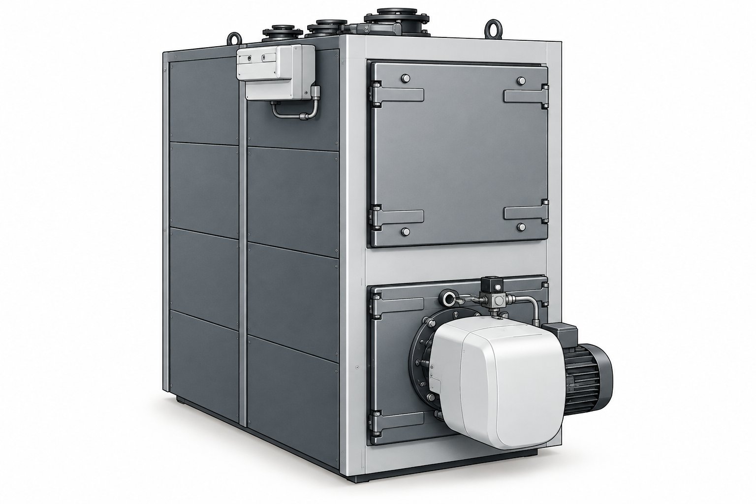 Monochrome illustrative rendering of an upright industrial hot-water boiler with a front-mounted gas burner