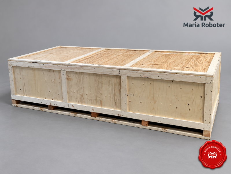 Casmatic CMW208 — closed shipping crate, background anonymised and Maria Roboter watermark added