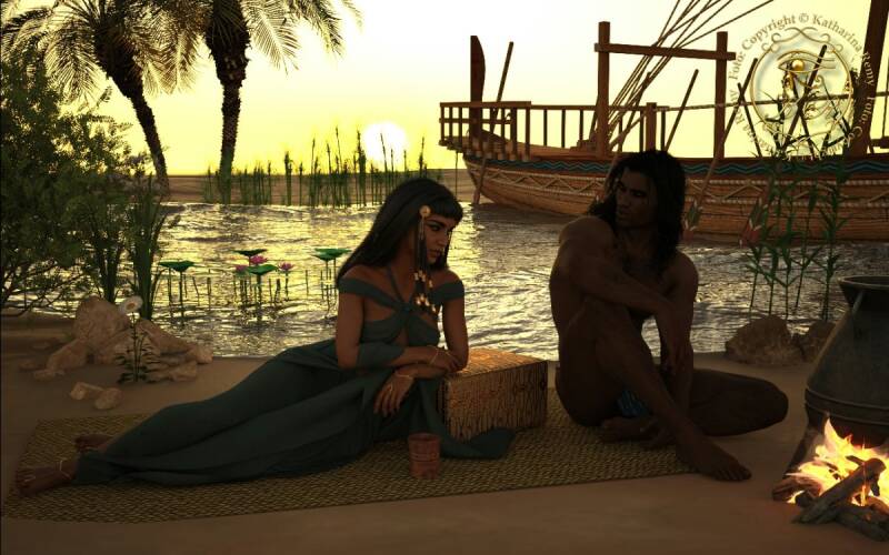 Ein Paar im Sonnenuntergang an einem Flußufer sitzend