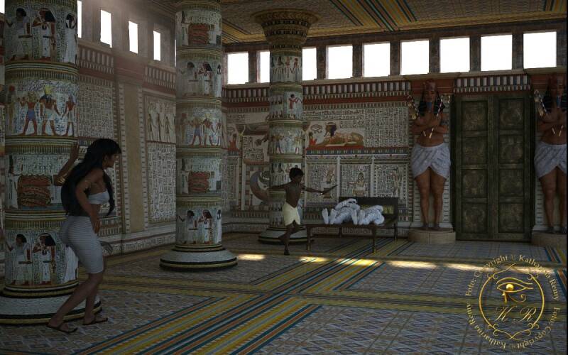 ein prächtiger, altägyptischer Saal, eine Frau beobachtet einen kleinenJungen