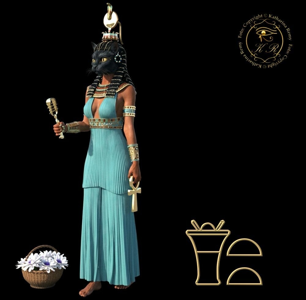 Bastet: Katzenköpfige Göttin mit Körbchen und Sonnenscheibe, Symbol für Schutz und Fruchtbarkeit.