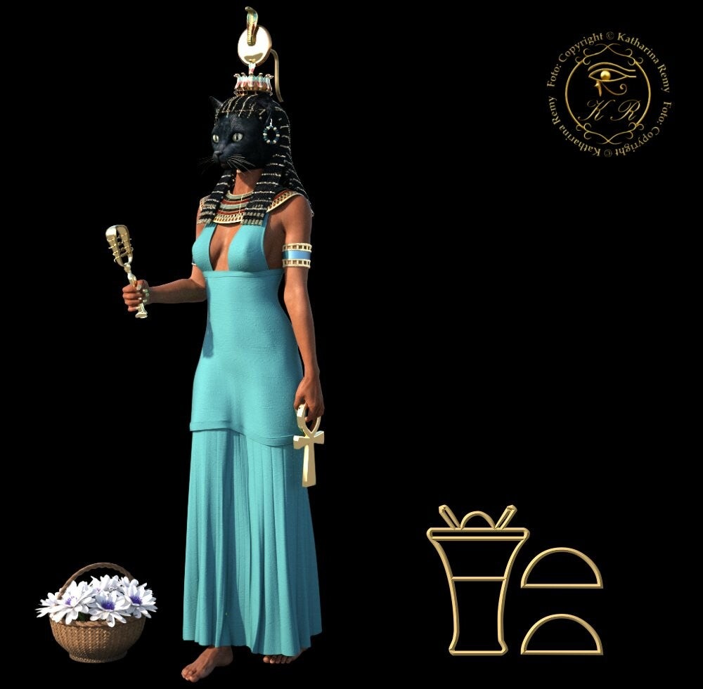 Bastet: Katzenköpfige Göttin mit Körbchen und Sonnenscheibe, Symbol für Schutz und Fruchtbarkeit.