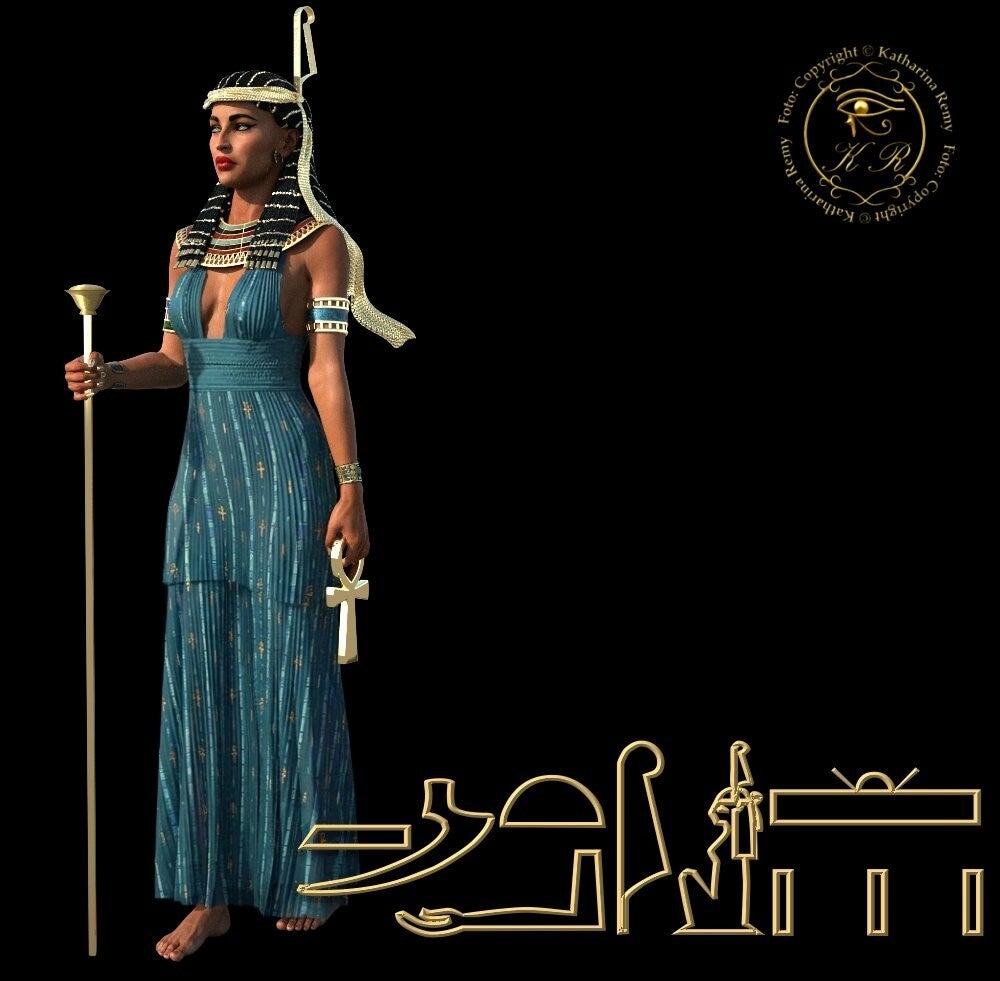 Ma’at: Ägyptische Göttin mit Feder auf dem Kopf, Symbol für Wahrheit und kosmische Ordnung.