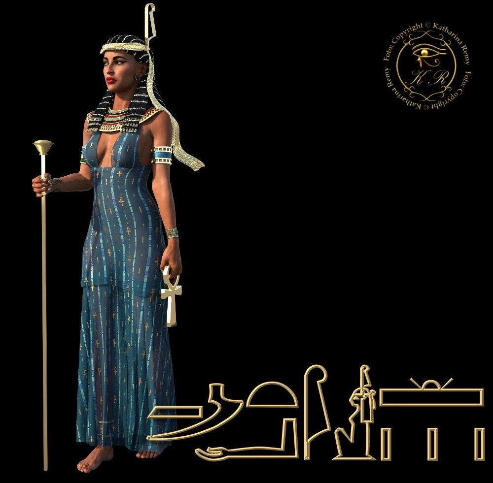 Ma’at: Ägyptische Göttin mit Feder auf dem Kopf, Symbol für Wahrheit und kosmische Ordnung.