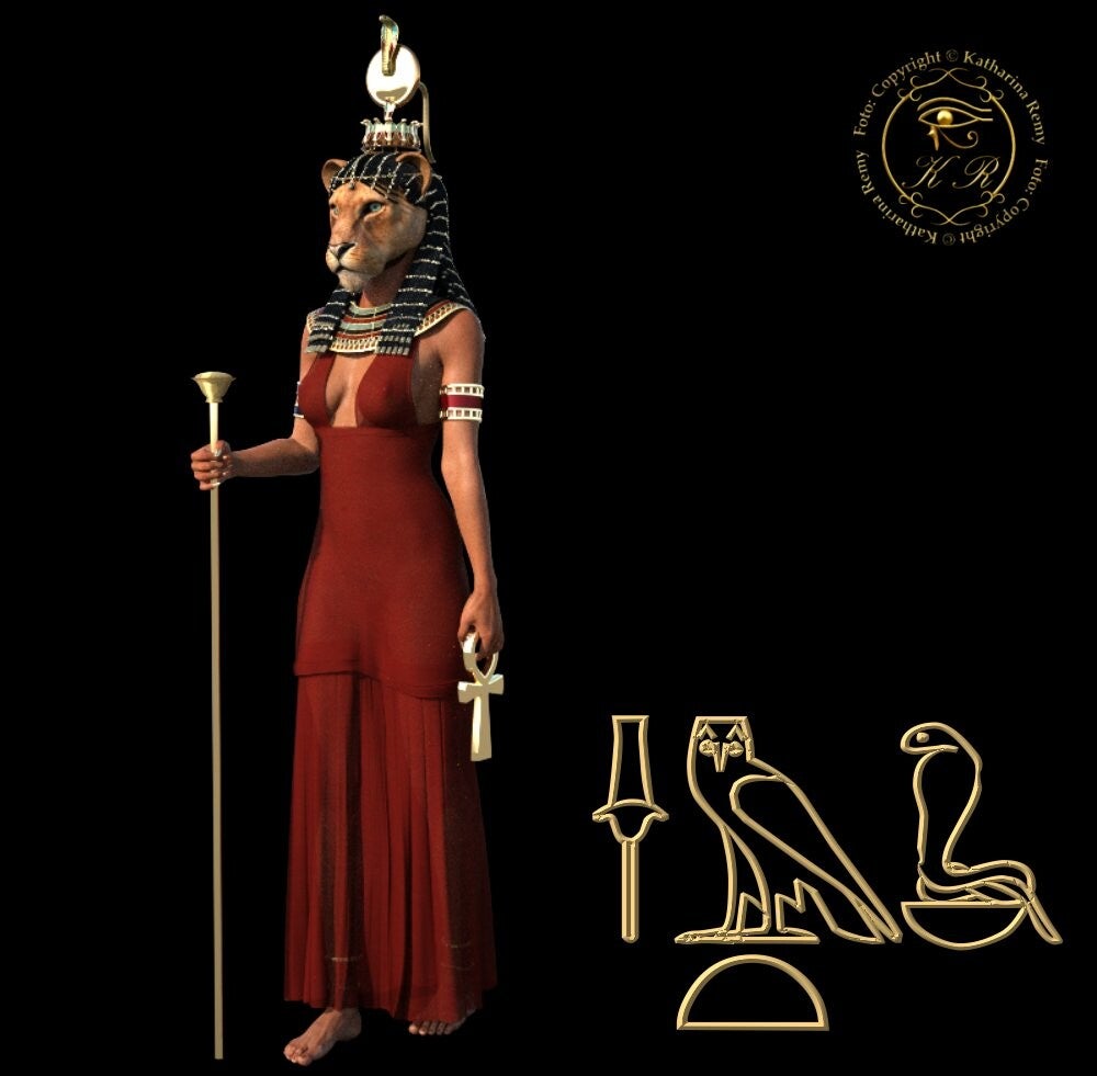 Sachmet: Löwenköpfige Göttin mit Sonnenscheibe, steht für Macht, Heilung und Zerstörung.