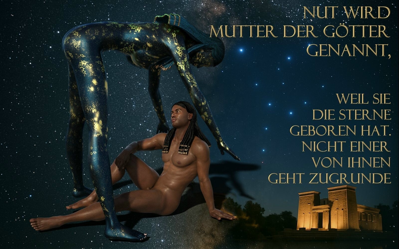 Die Göttin Nut verkörpert den Himmel, der liegende Gott Geb die Erde