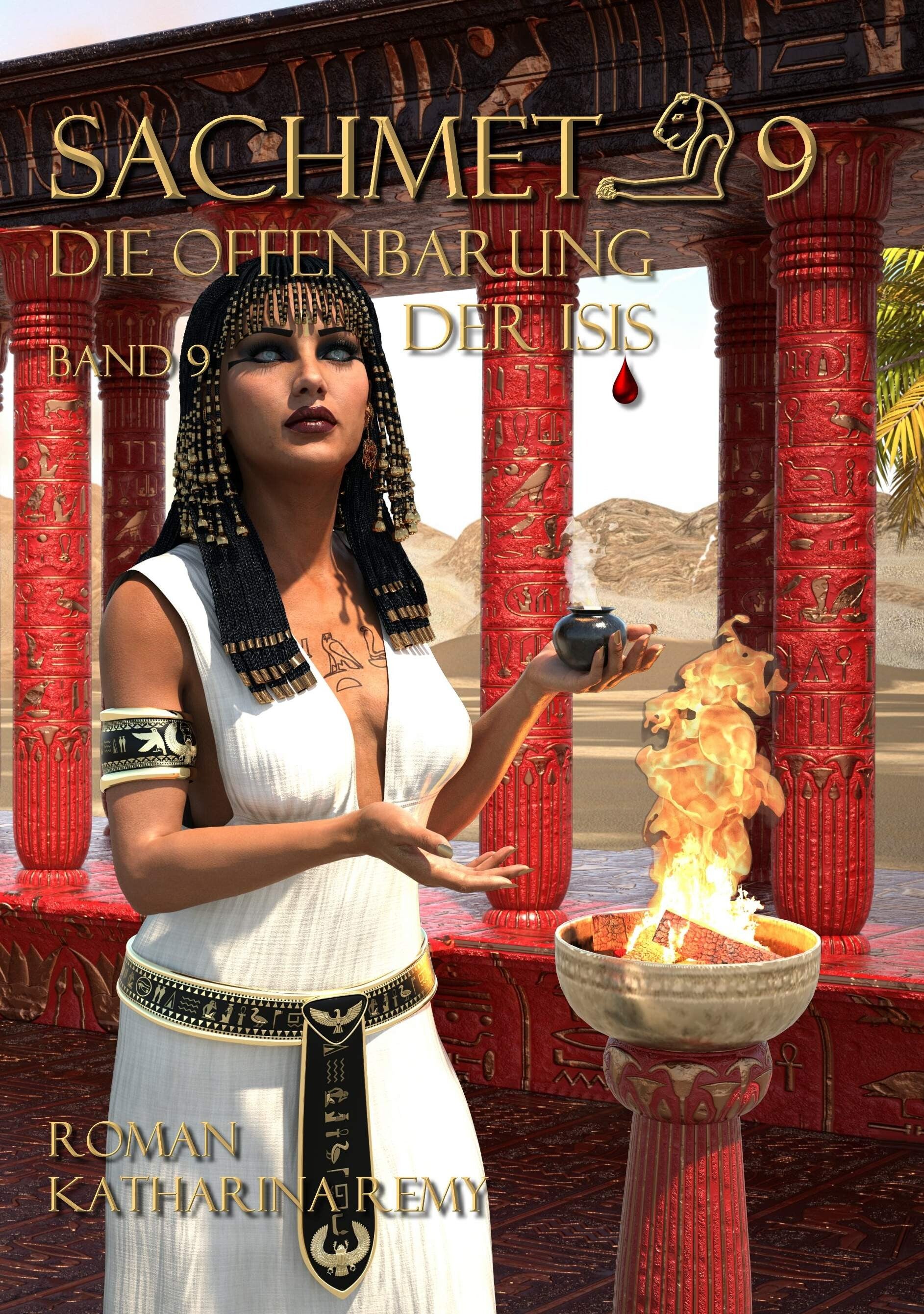 Bent steht vor rot‑goldenen Säulen inmitten der Wüste, eine Feuerschale an ihrer Seite. Während der Rauch ihres Opfers aufsteigt, wirkt sie wie eine Gestalt zwischen Vergangenheit und Offenbarung.